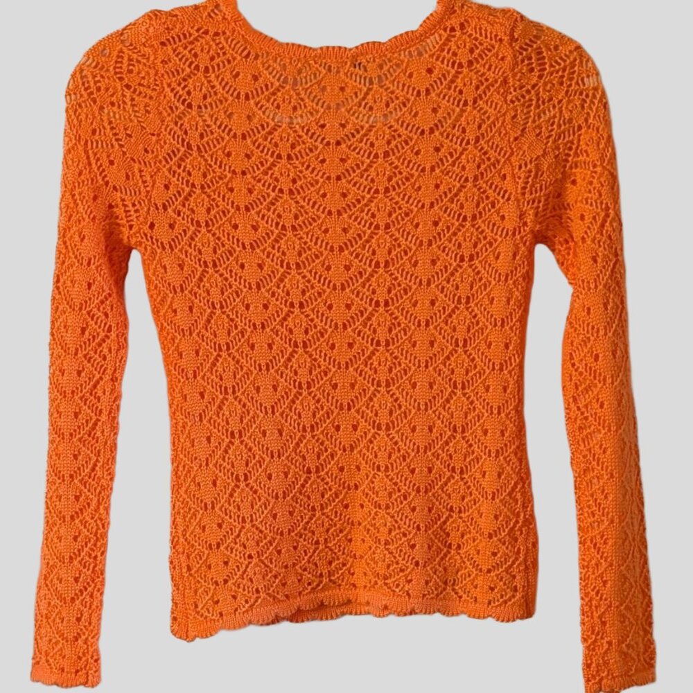 Bright Orange Crochet Knit Long Sleeve Top Boho Festival Style Girls L
